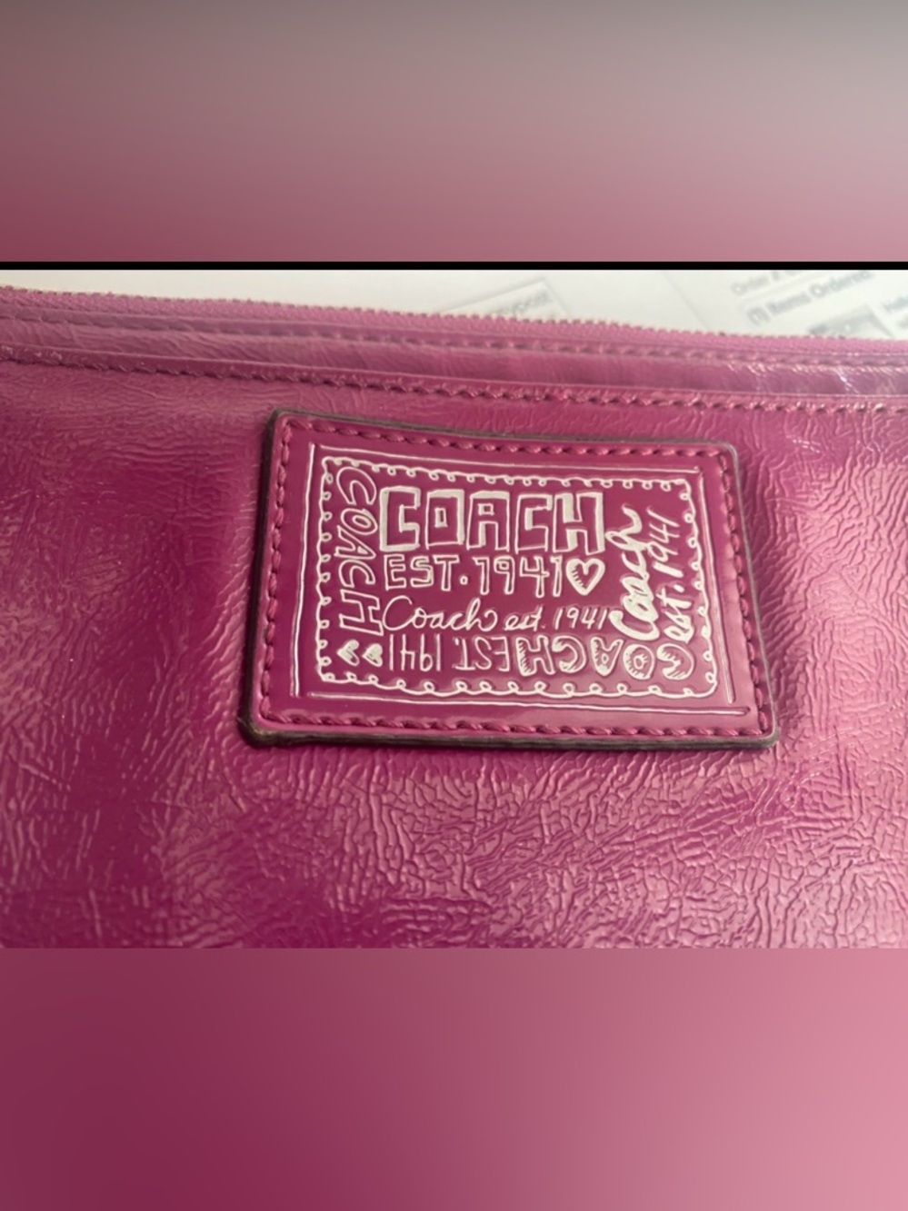 COACH Fuchsia Patent Leather Zip Wallet with Logo Patch